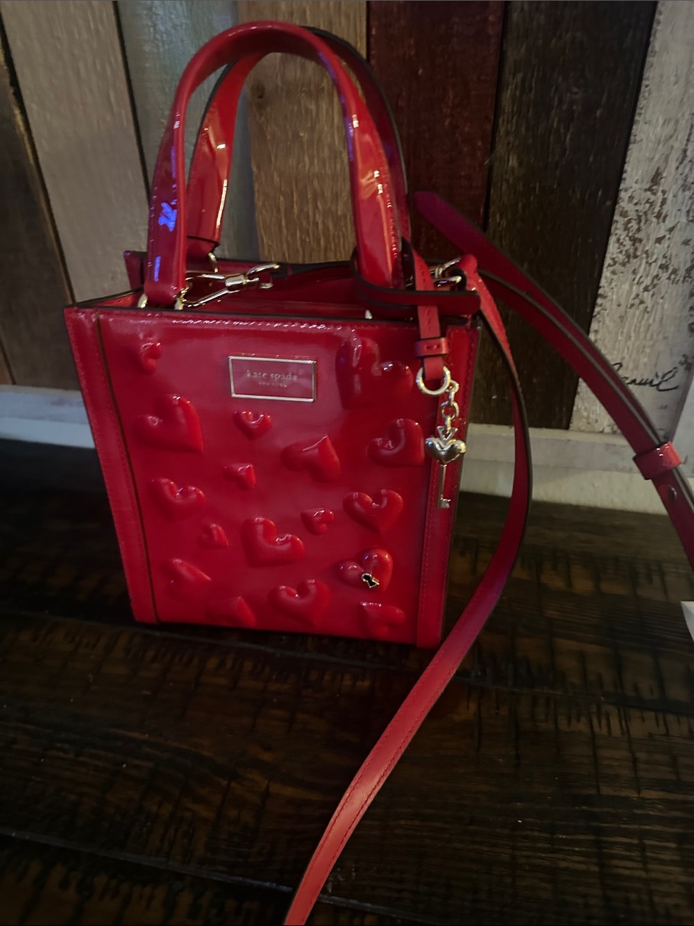 kate spade Red Patent Heart-Embossed Crossbody Bag - Picture 5 of 9